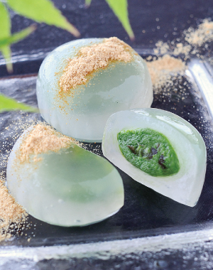 Matcha Mizu Manju <br/>
(green powdered-tea-flavored jelly)<br/>
Cha Cha Maru 